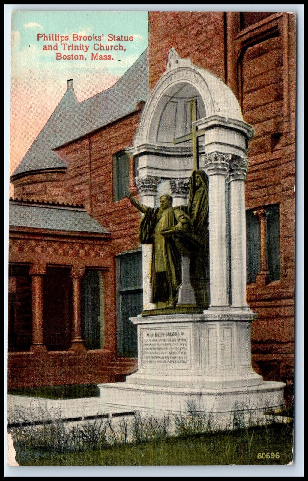 Postcard Phillips Brooks\' Statue And Trinity Church Boston MA S56