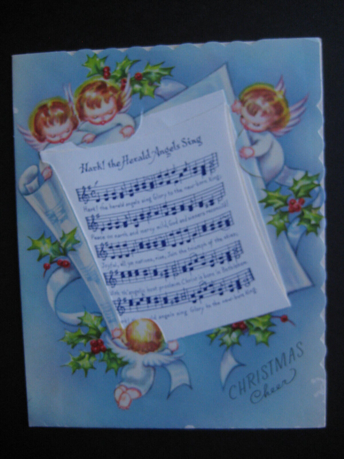 1948 vintage greeting card CHRISTMAS Angels w/ Carol Book, Signed on Back Only