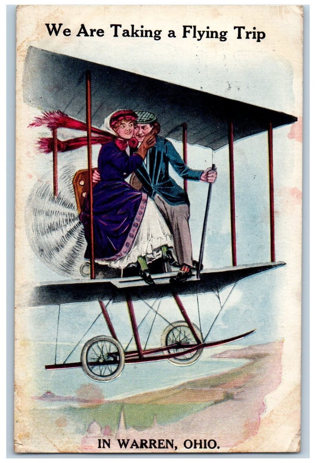 Warren Ohio OH Postcard We Are Taking A Flying Trip 1905 Couple On Airplane View