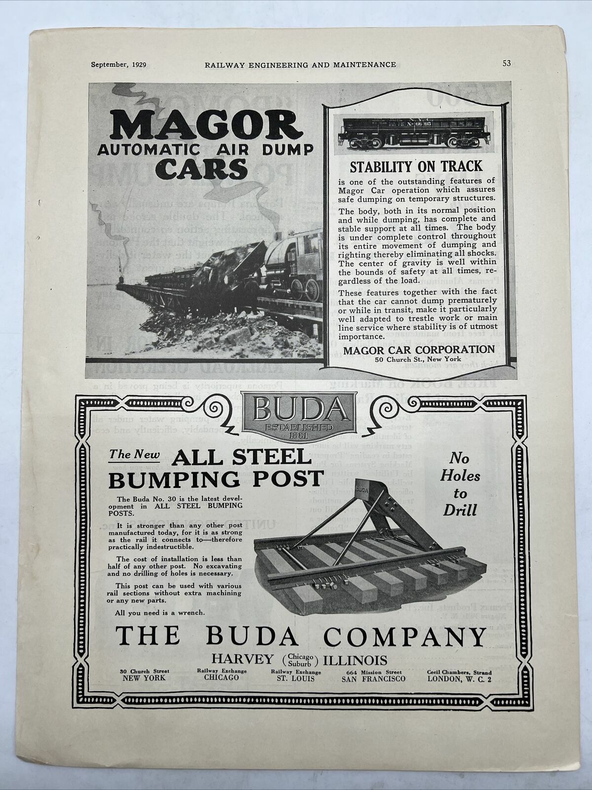 1928 THE BUDA COMPANY - MAGOR CAR CORP - UNITED IRON WORKS Railway Eng & Maint