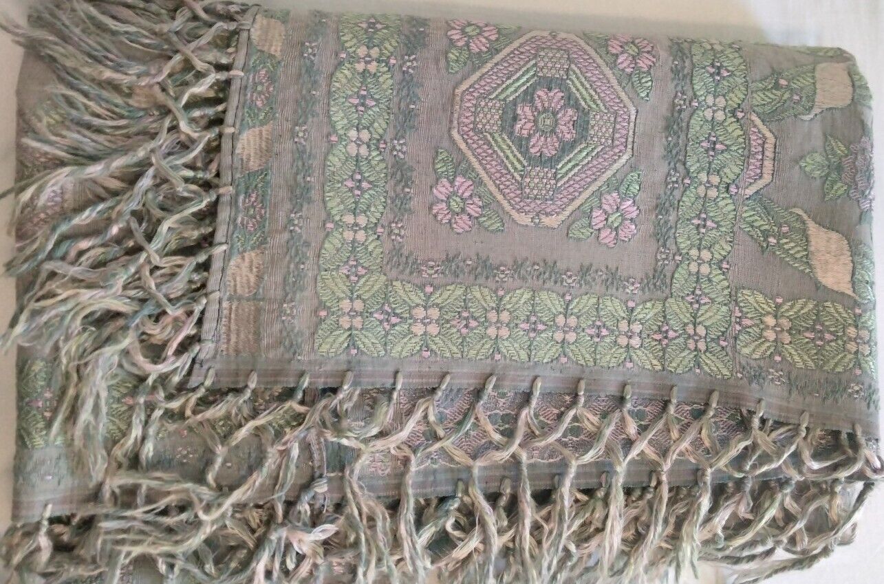 Antique Italian Damask Brocade Fringed Bedspread 70x90 Green, Pink Purple Thread