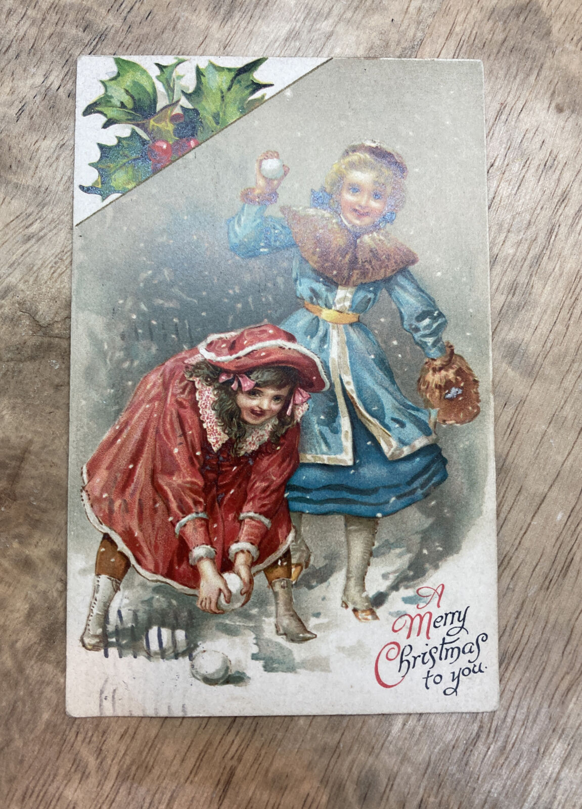 Merry Christmas  and Children Snow Fight ., ca 1910 Postcard