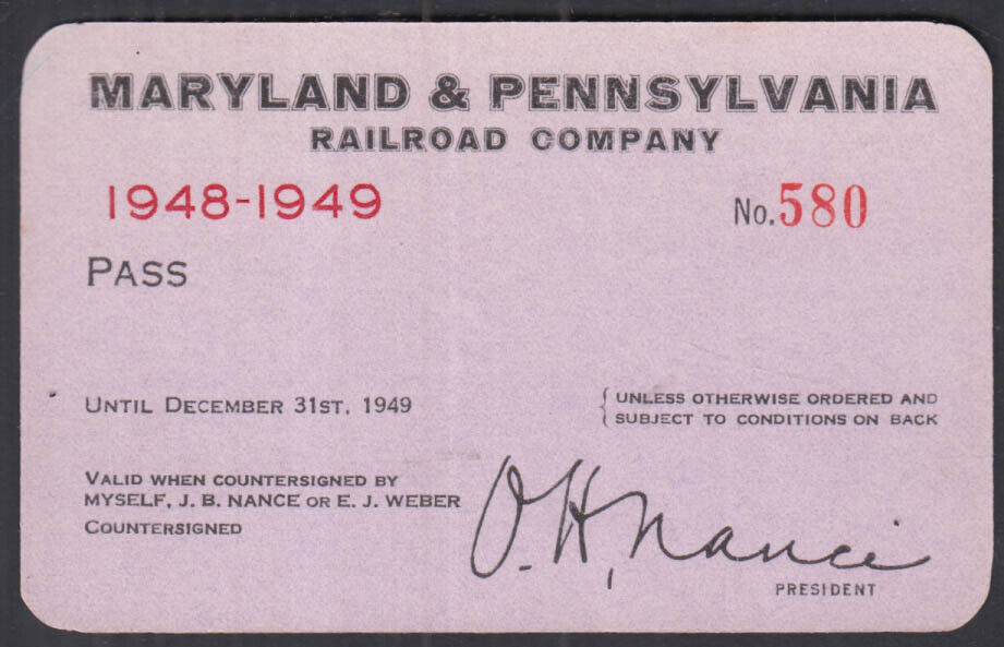 Maryland & Pennsylvania Railroad unissued PASS 1948-1949