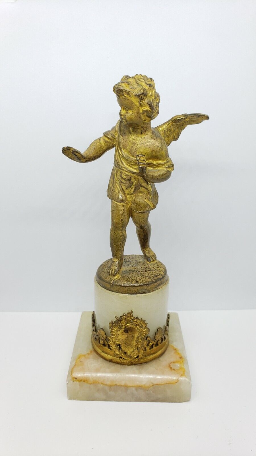 Antique bronze putti angel on marble base statue 