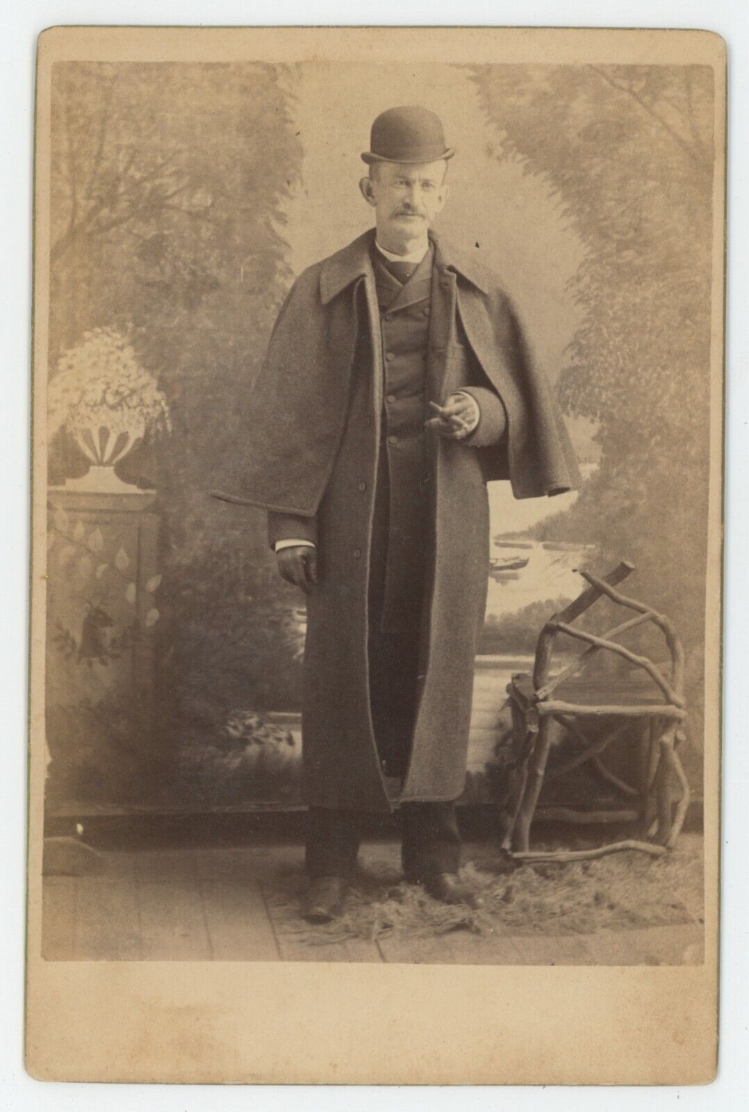 c1880s Cabinet Card Man w. Mustache Wearing Cape & Hat Holding Cigar Hanover, PA