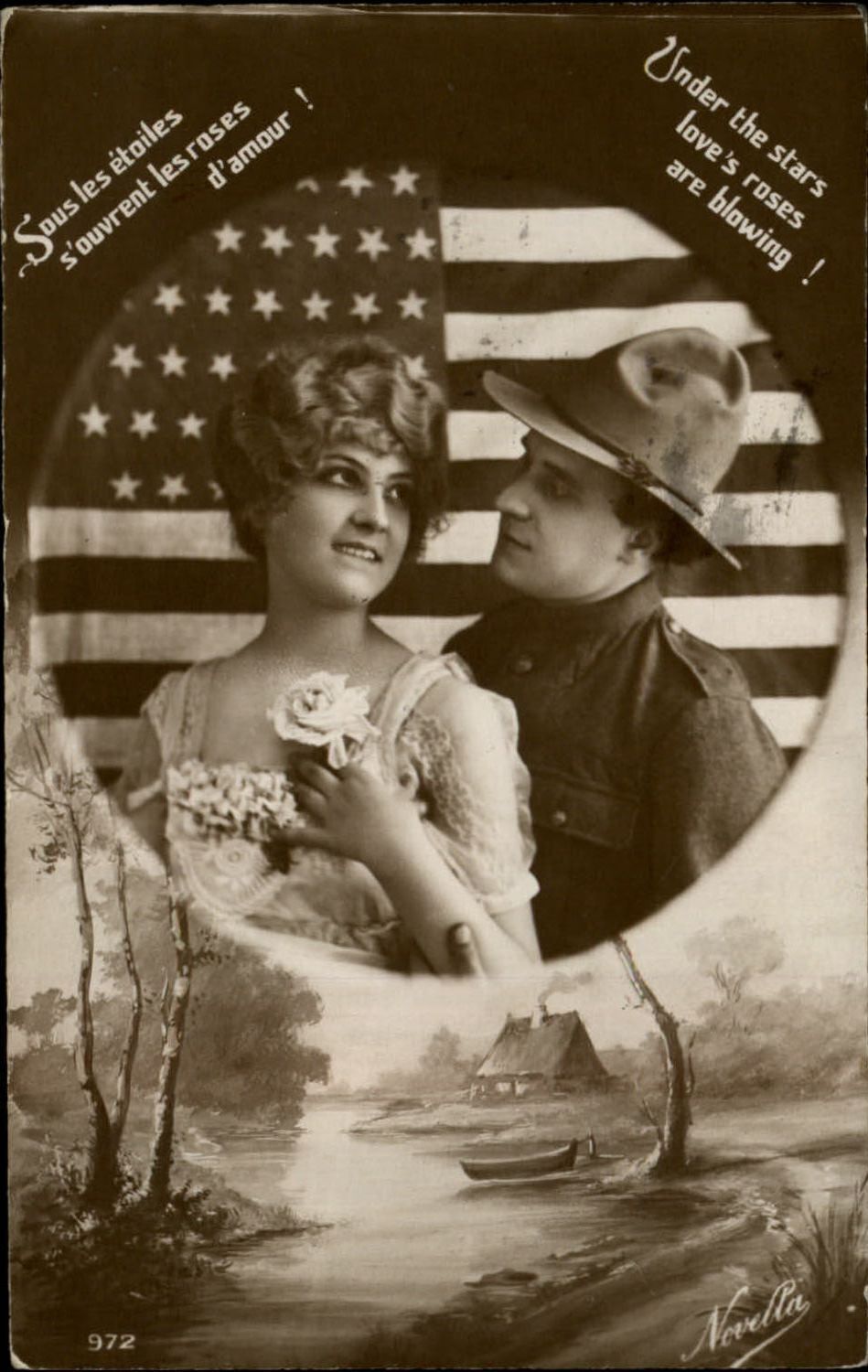 RPPC WWI 1920s American soldier French woman romance patriotic flag photo PC
