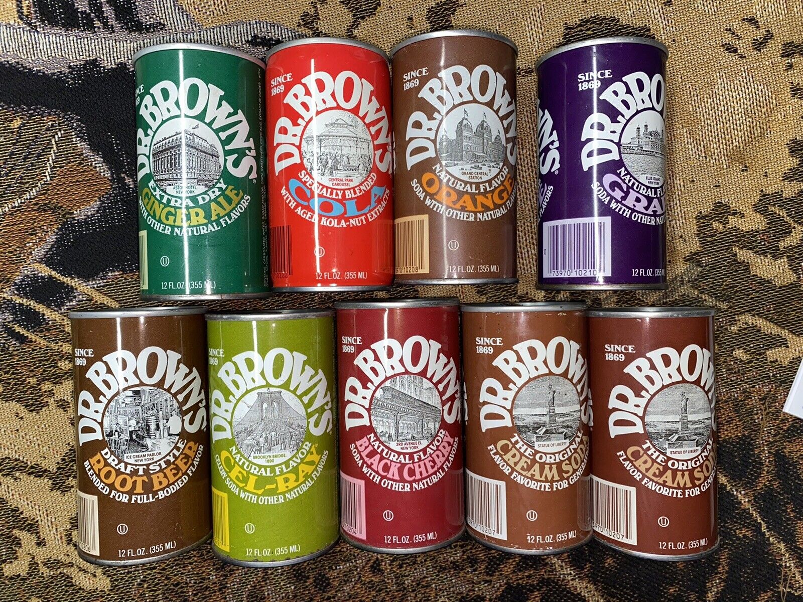 Vintage Dr. Brown\'s steel soda pop can set of 9 from the 1970s