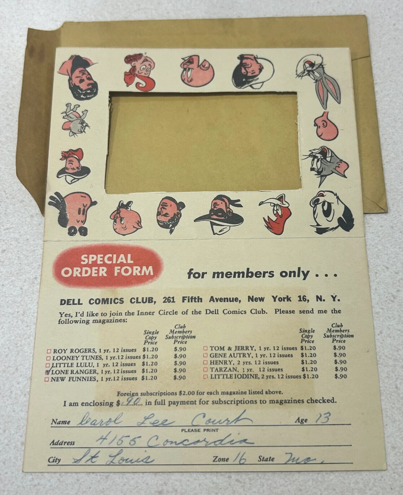 1950s DELL COMICS CLUB special order form - Bugs Bunny, Lone Ranger, Tom and ...