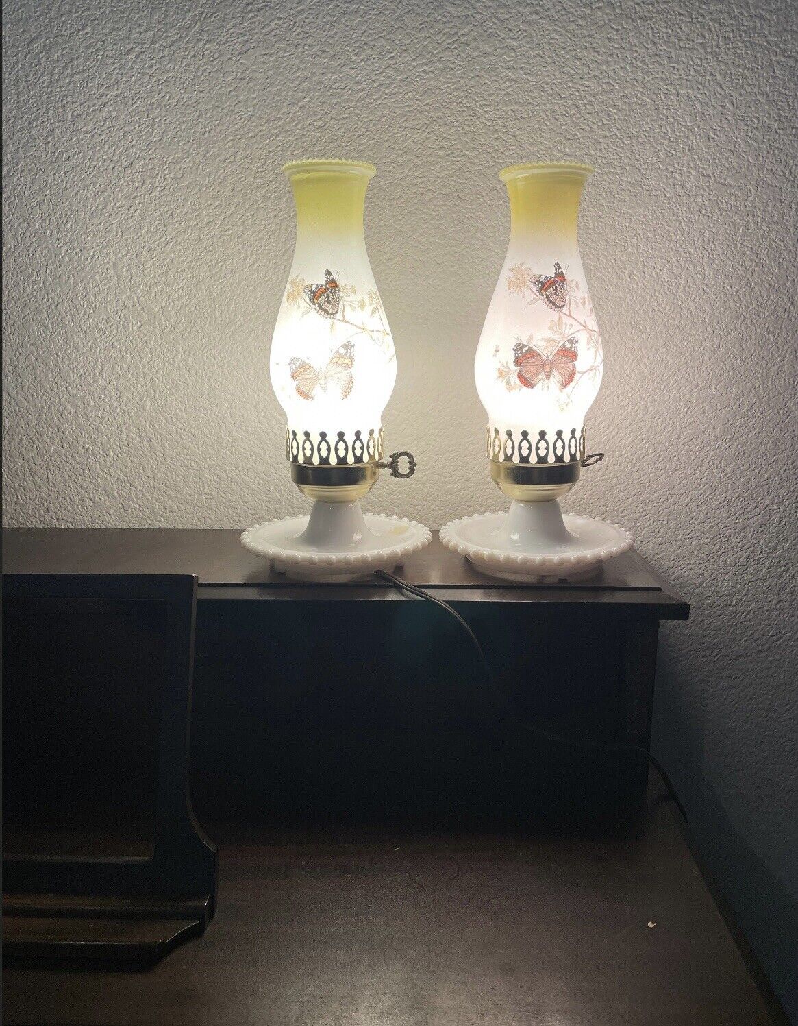 Pair Vintage Milk Glass Hurricane Lamps with Butterflies