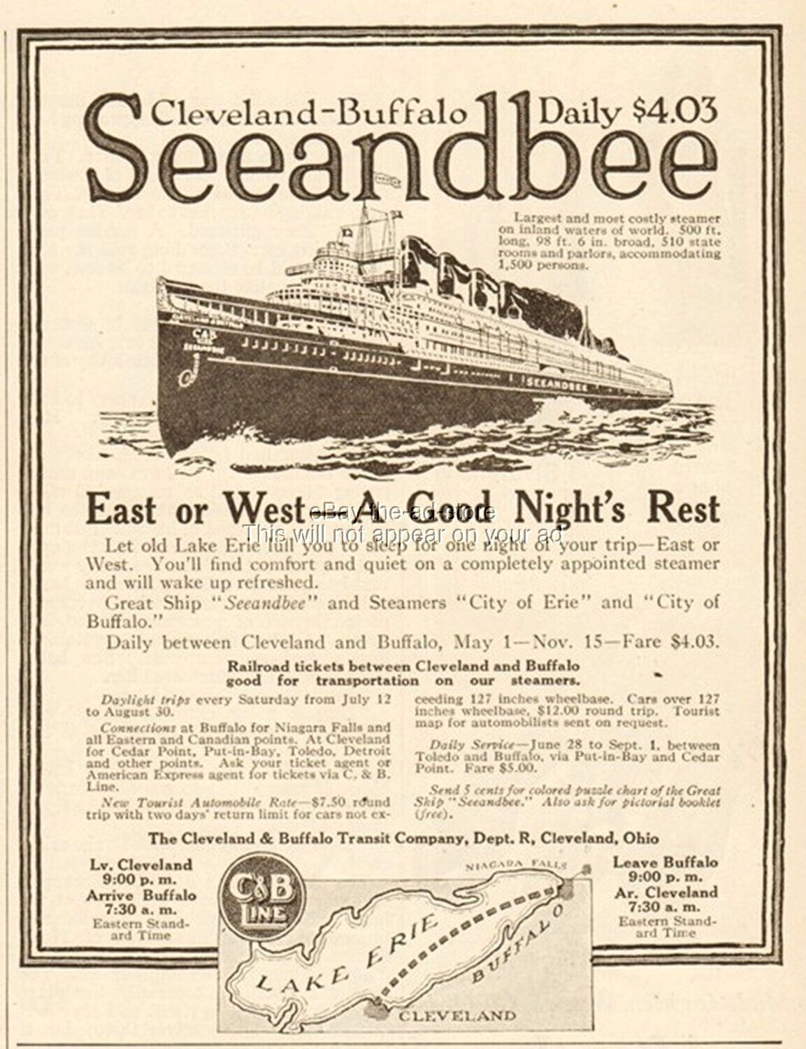 1919 Cleveland & Buffalo Line Ad C&B S.S. Seeandbee Great Lakes Cruise Ship