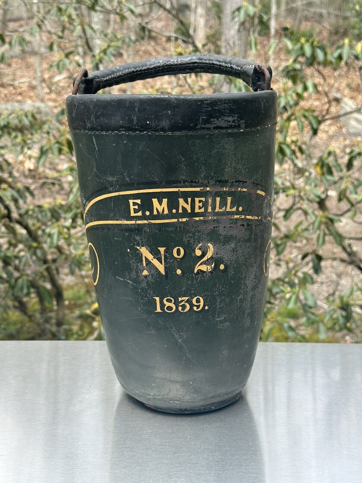 Early Green Leather Fire Bucket 1830s With Gold Lettering  Nice
