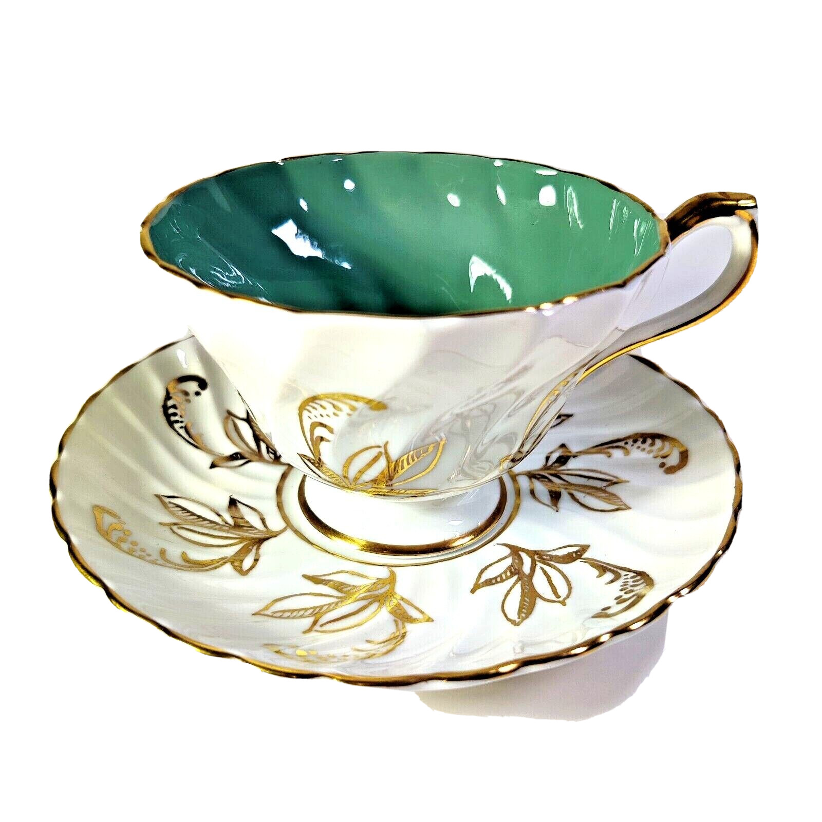 Ansley Tea Cup White Gold Accents Teal Interior Beautiful Gold Swirl Pattern