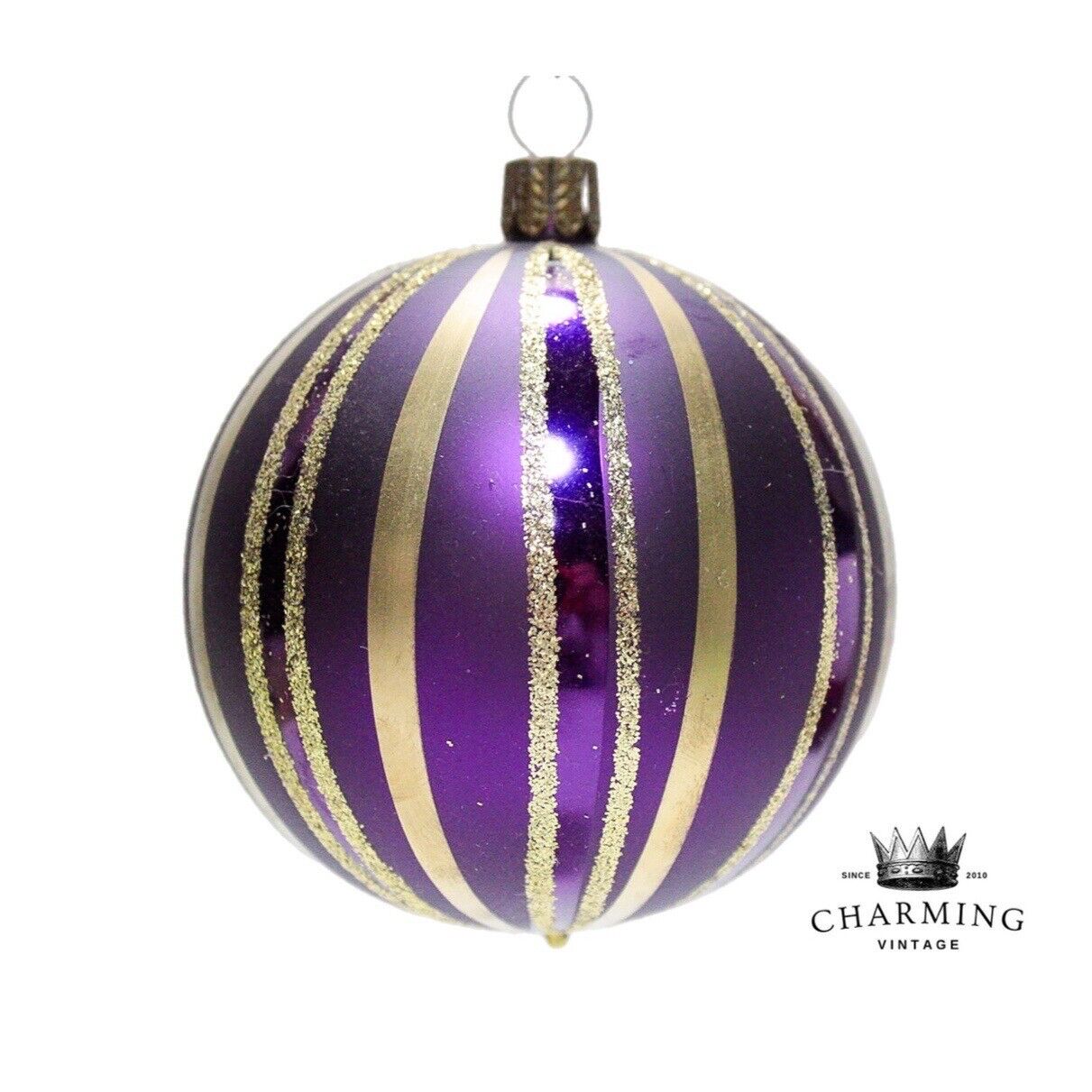 Vintage Inge Glass Germany Purple & Gold Glittered Ball Glass Christmas Ornament