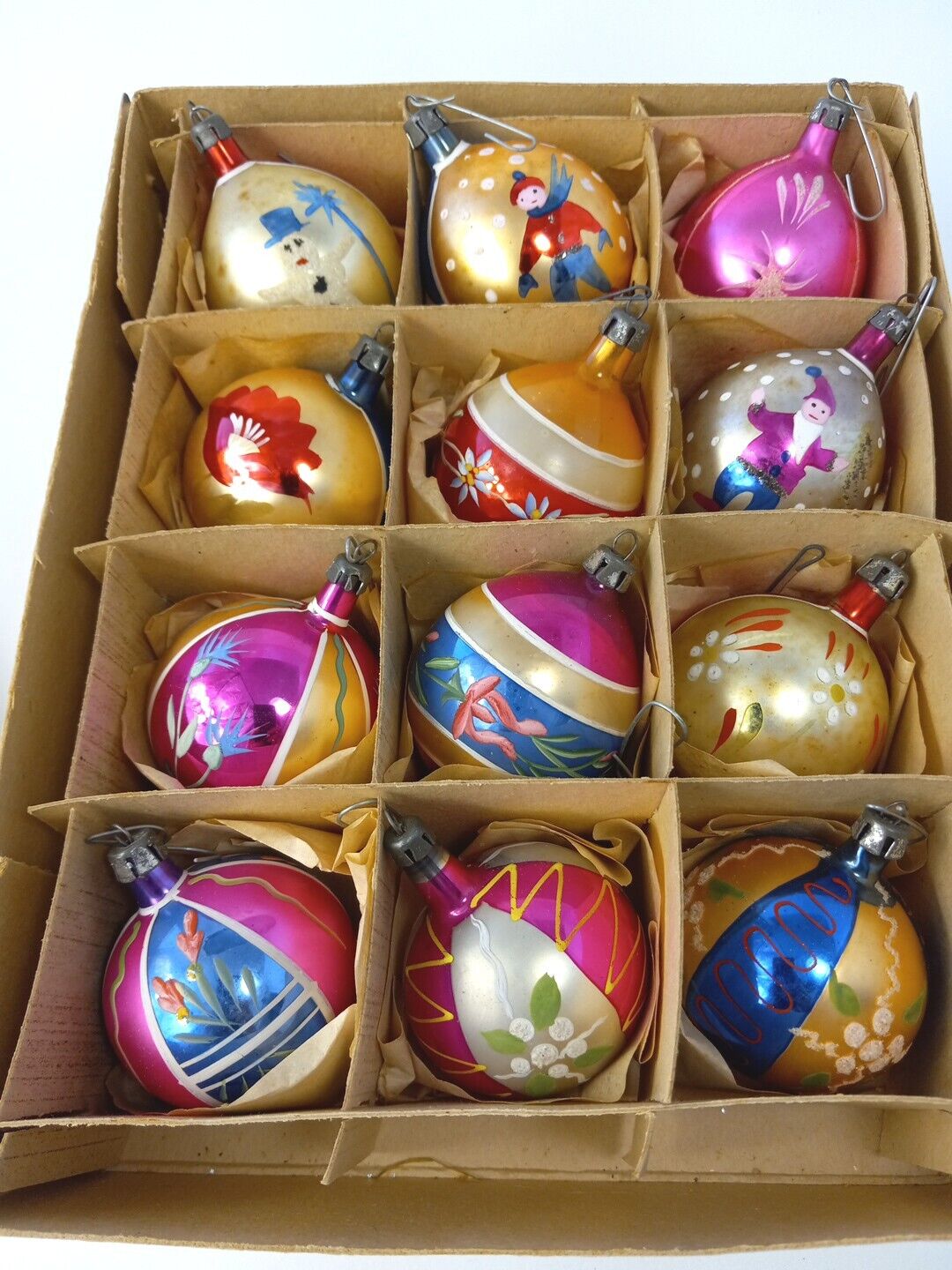 VTG Santa Land Handpainted Glass Ball Ornaments 12 Original Bx Christmas Poland 