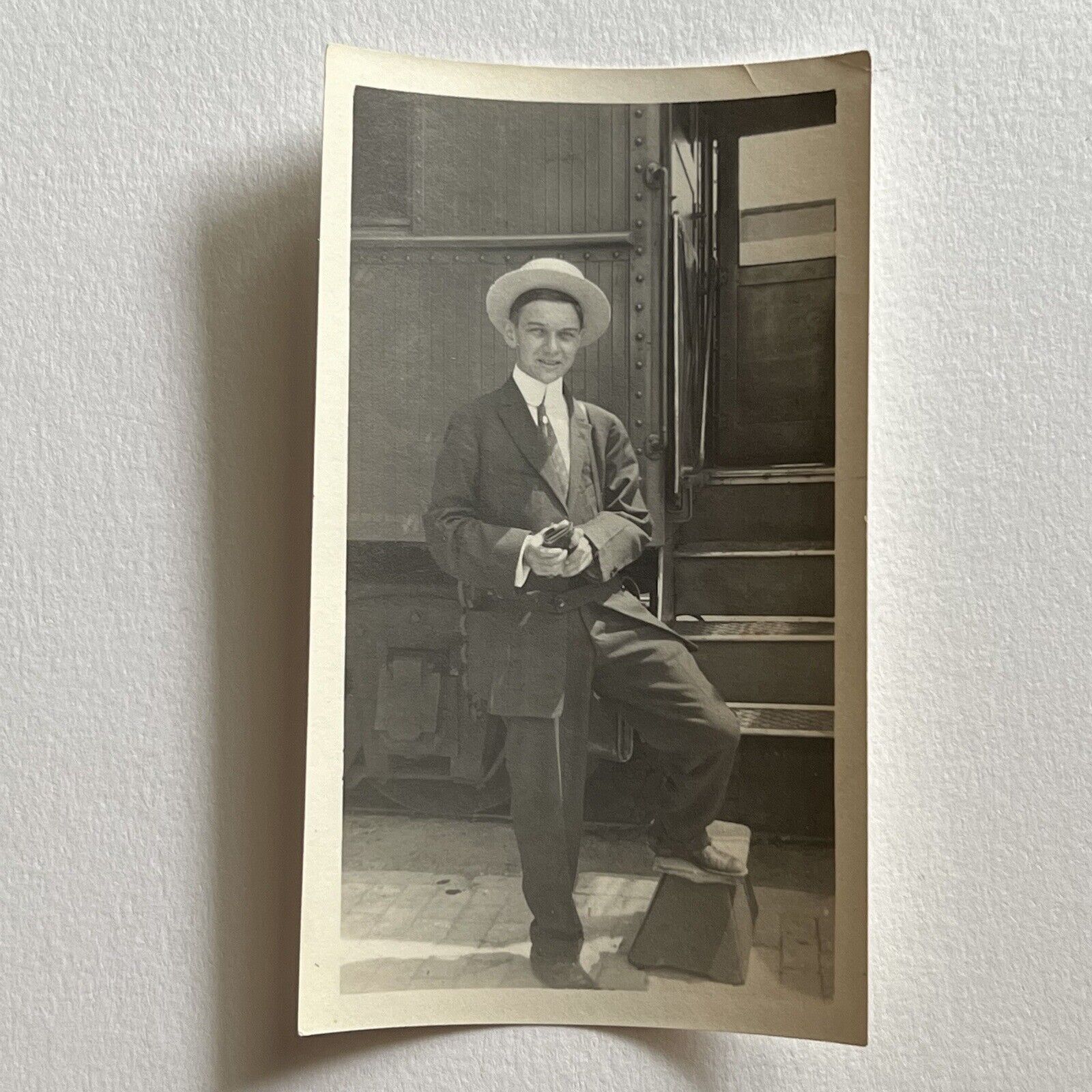 Antique Snapshot Photograph Teen Shoe Shine Boy Outside Train Occupational