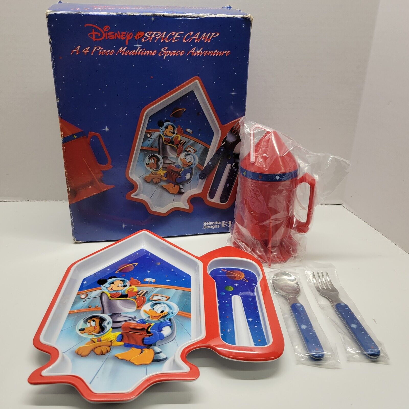 VTG Disney Space Camp 4 Piece Mealtime Adventure Set Rocket Cup Plate Fork Spoon
