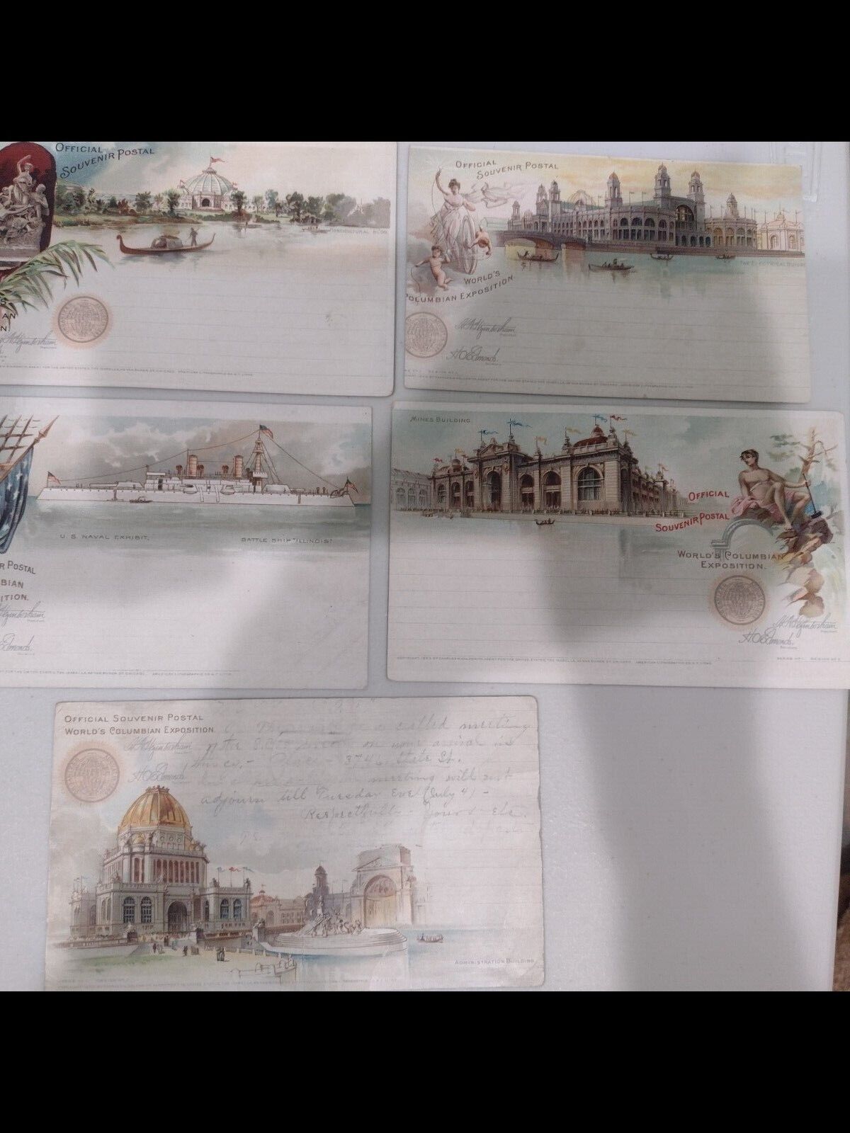 (5) 1893 Col. Expo Cards-1 Stamped postmarked 1893+(4) unused Official Souvenir