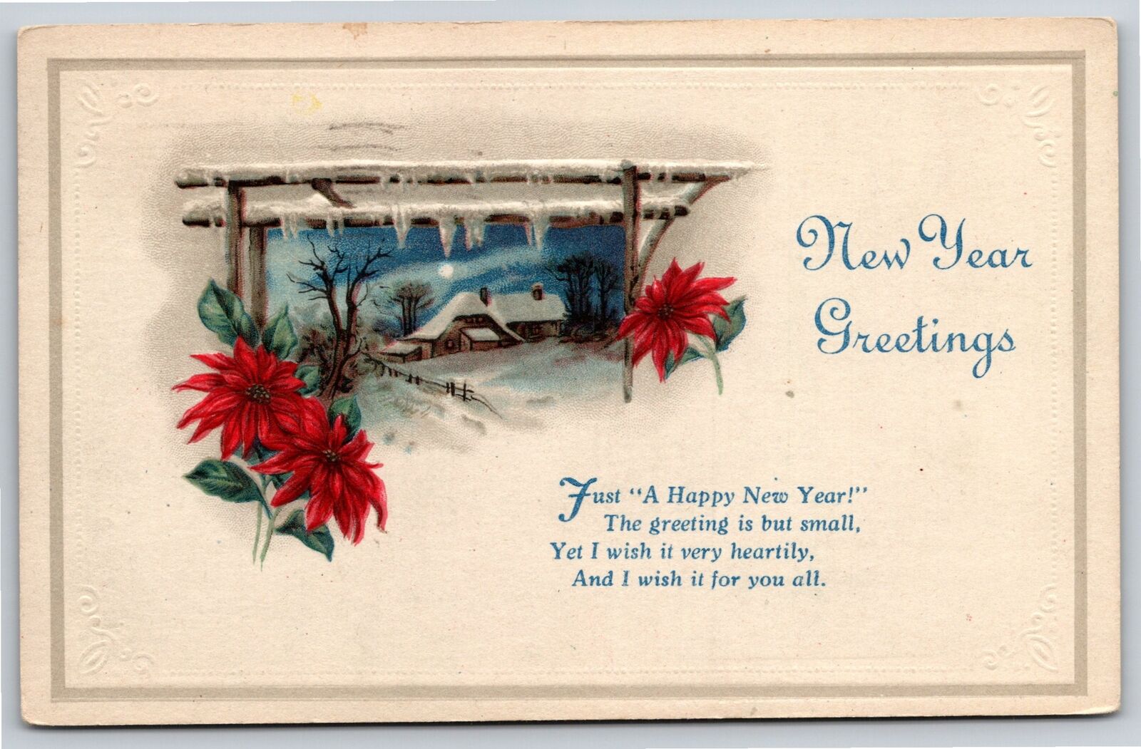 New Year~Poinsettias Frame Icy Moon Lit Winter Scene~Embossed~1924 Postcard