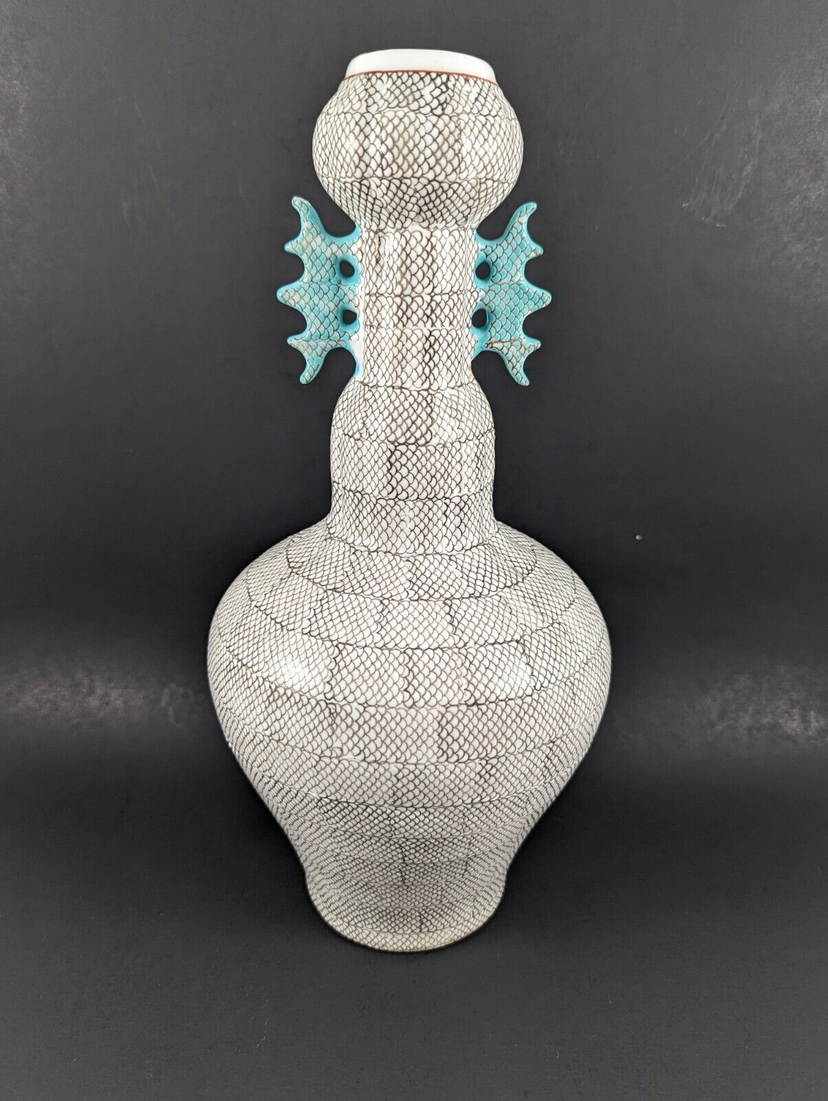 Vintage Dragon Scale Handmade Chinese Porcelain Vase w/Teal Wing Handles 13