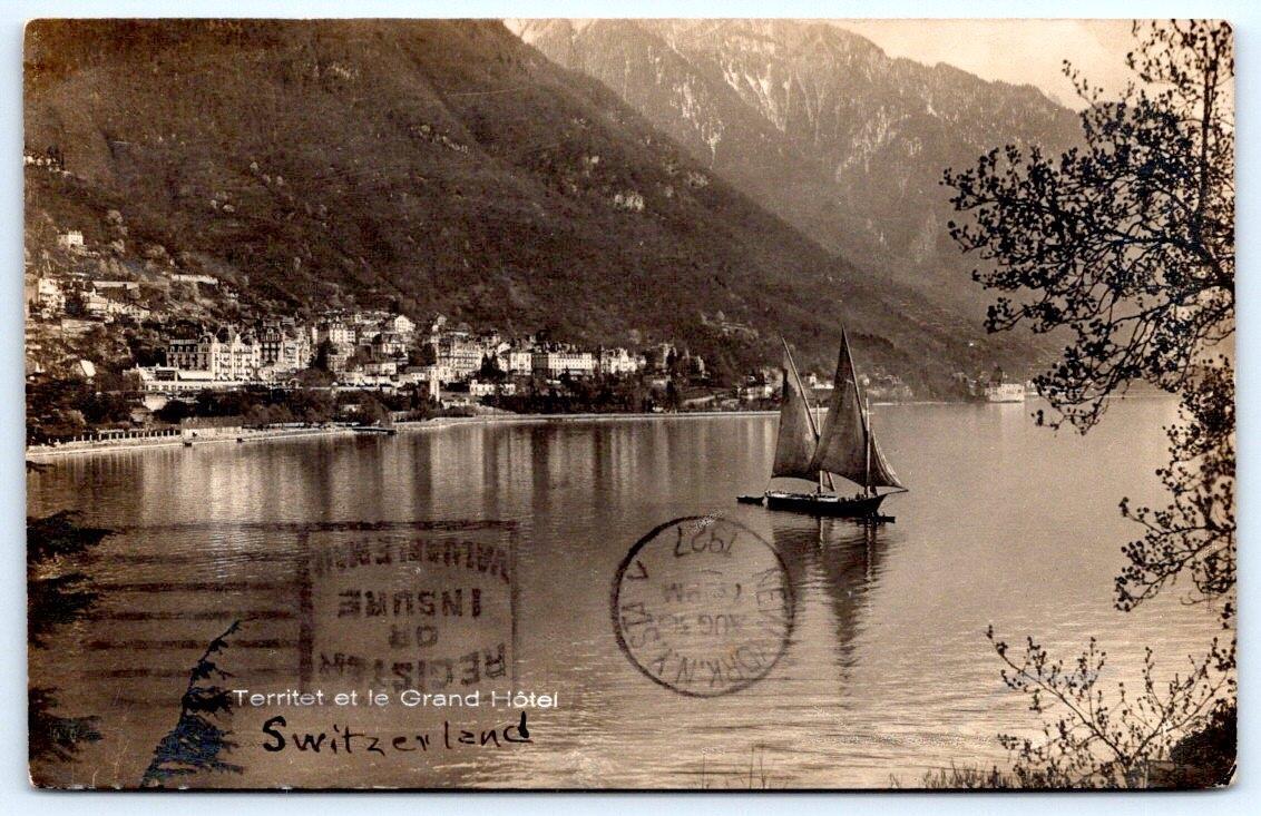 1927 RPPC SWITZERLAND TERRITET ET LE GRAND HOTEL*SAILBOATS*MOUNTAINSREAL PHOTO