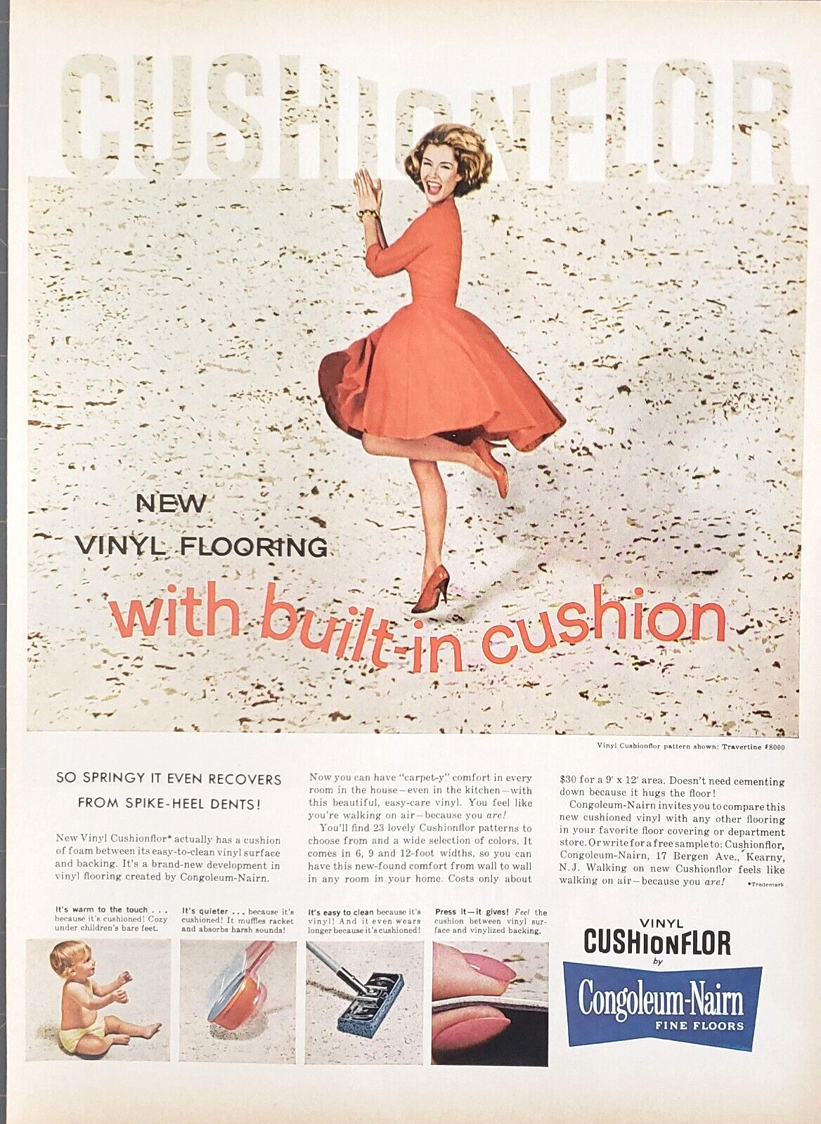 1963 Congoleum-Nairn Vinyl Cushionflor Flooring Springy Easy To Clean Print Ad