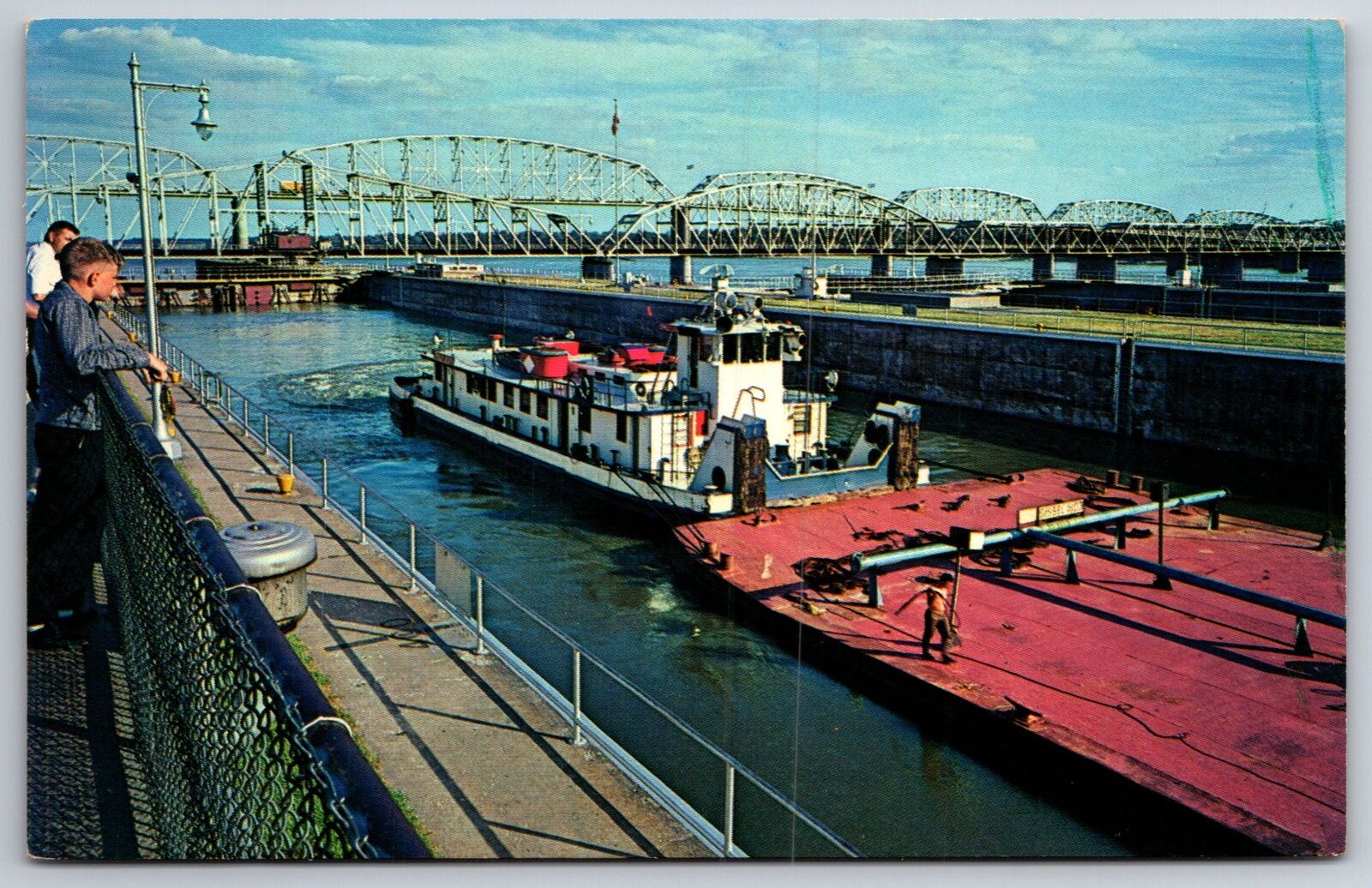 Alton Illinois~Lock & Dam #26~Clark Bridge~1950s Postcard