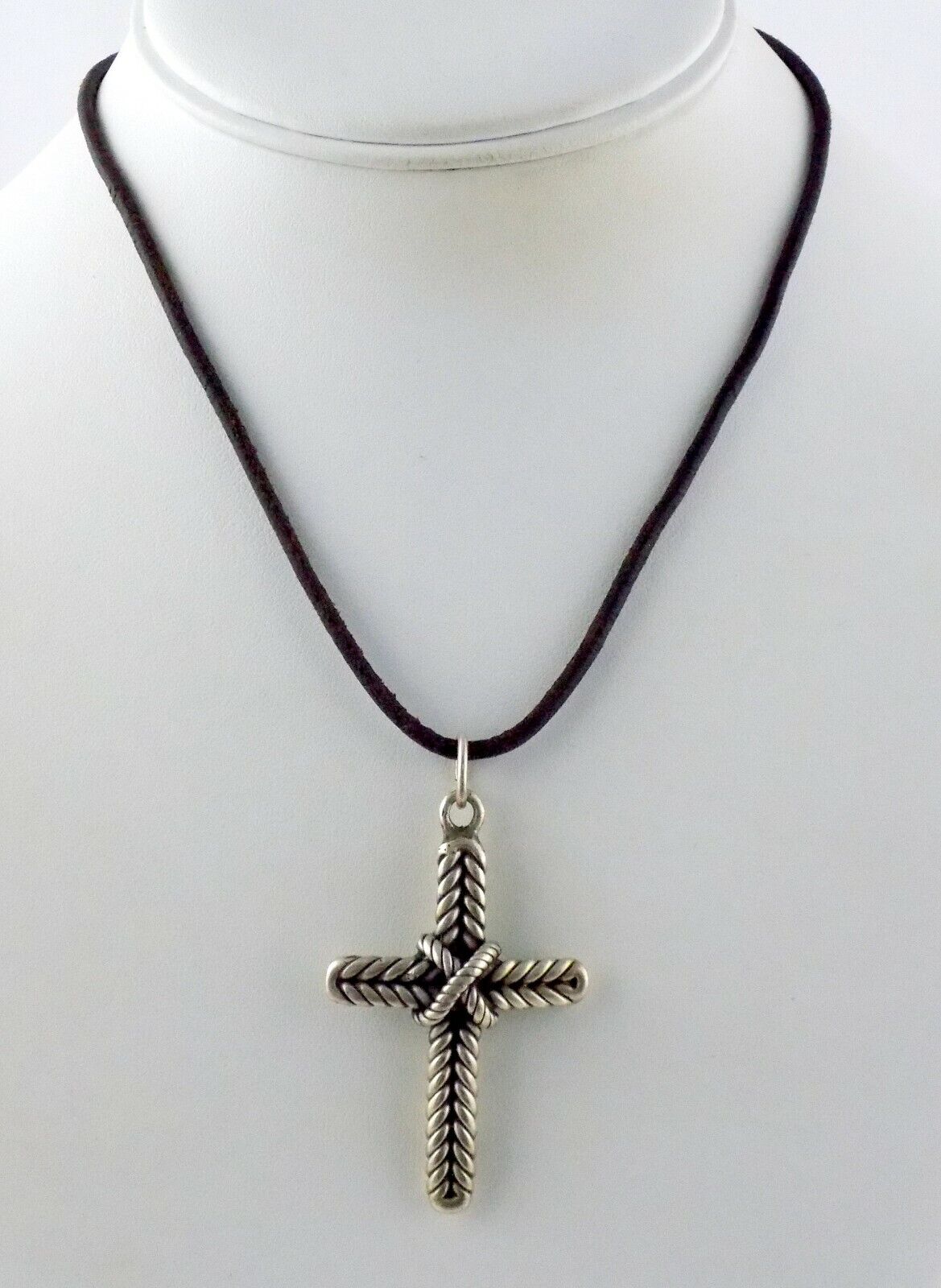 Sterling Silver Clasp Black Cord Necklace with Cross Pendant Marked \