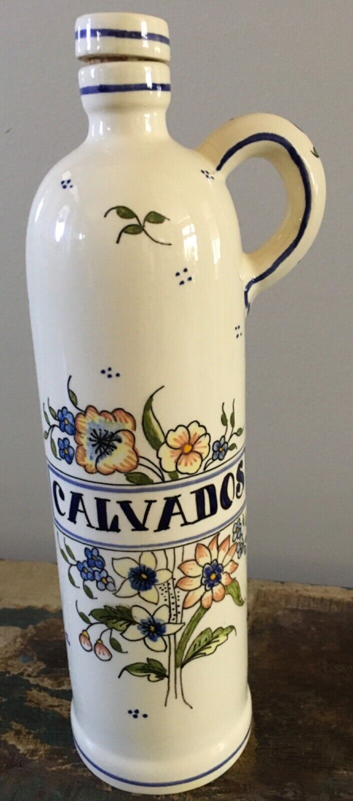 French Faience Pottery Rouen Fait Main 9.5” container & cork lid label Calvados
