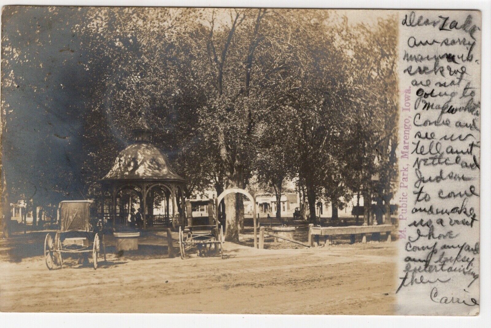 Marengo Iowa RPPC Vintage Photo Postcard Public Park Buggy Gazebo Buildings
