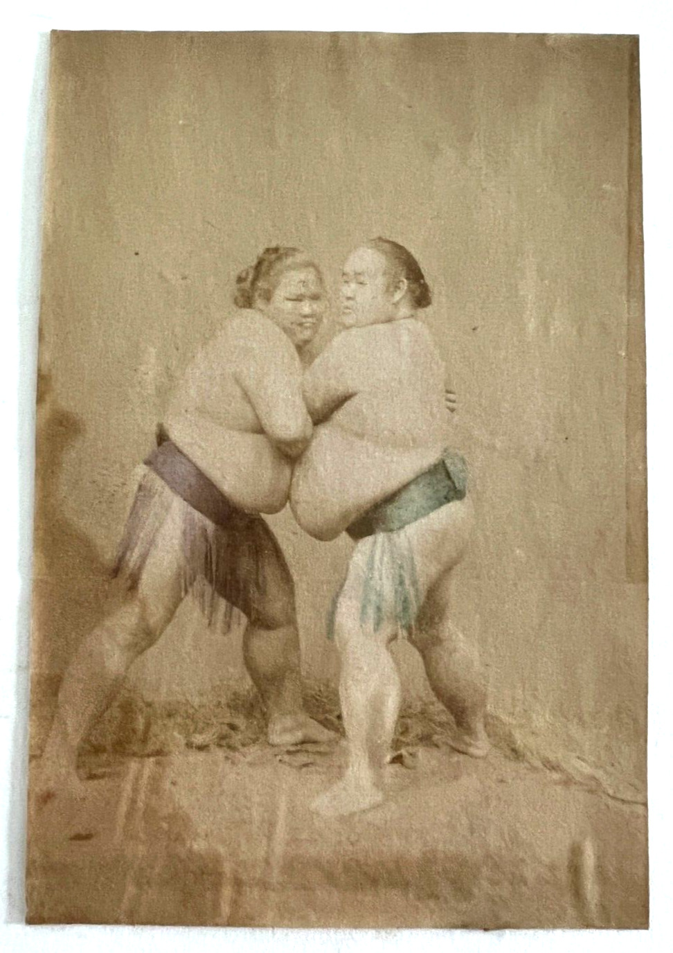 Antiques 1890's Japanese Suma Wrestlers Hand Tinted Albumen Photo