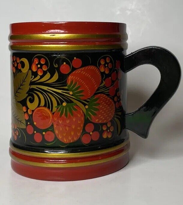 Vintage Khokhloma Signed Mug Hand Painted Russian Lacquer ware Strawberries Wood