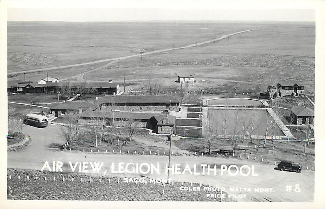 RPPC SACO, Montana MT ~ Air View LEGION HEALTH POOL c1950s   Postcard