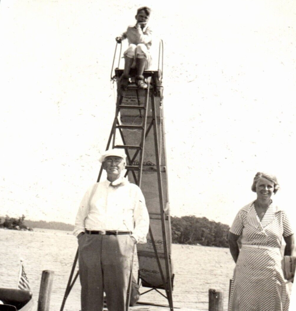 Boy On Slide on Lake With Grandparents Photograph Vintage Photo Antique