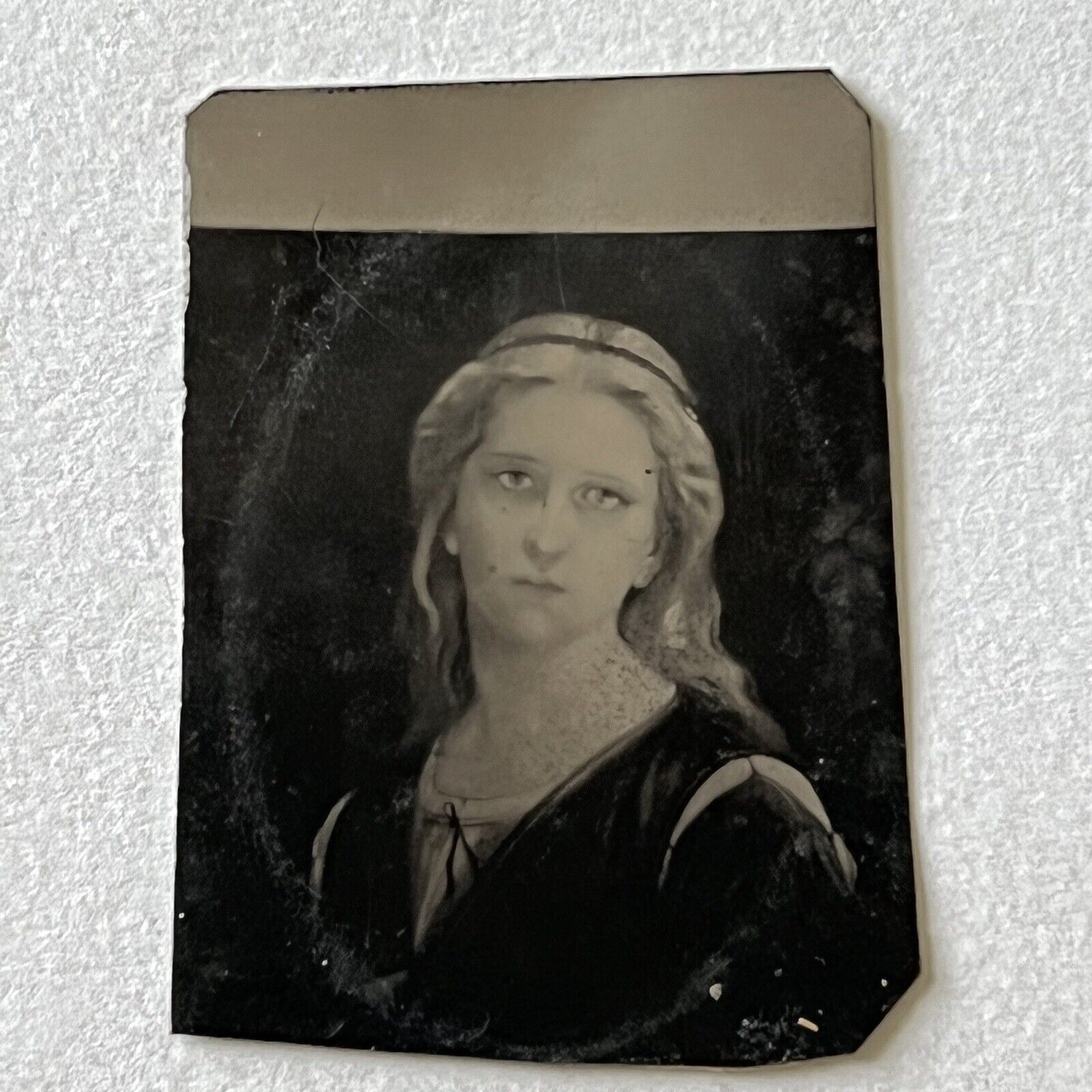 Antique Mini Tintype Photograph Of Painting Beautiful Young Blonde Woman Odd