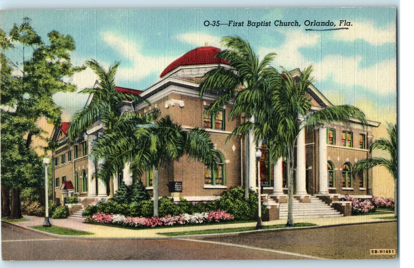 Postcard FL Orlando First Baptist Church Exterior View Palm Trees Linen Unposted