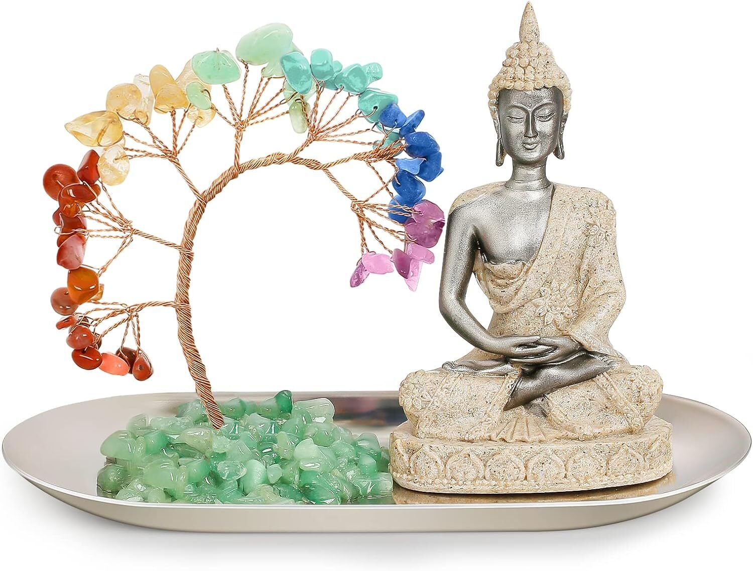 INNOLITES 7 Chakra Crystal Tree and Buddha Statue set, Yoga Meditation Silver 