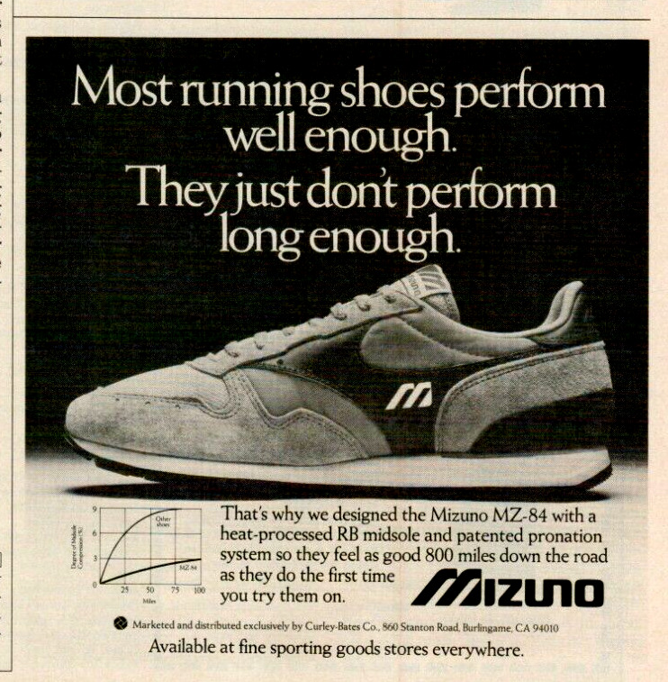 1983 Mizuno Running Shoes MZ-84 Midsole Last Longer 800 Miles Vintage Print Ad