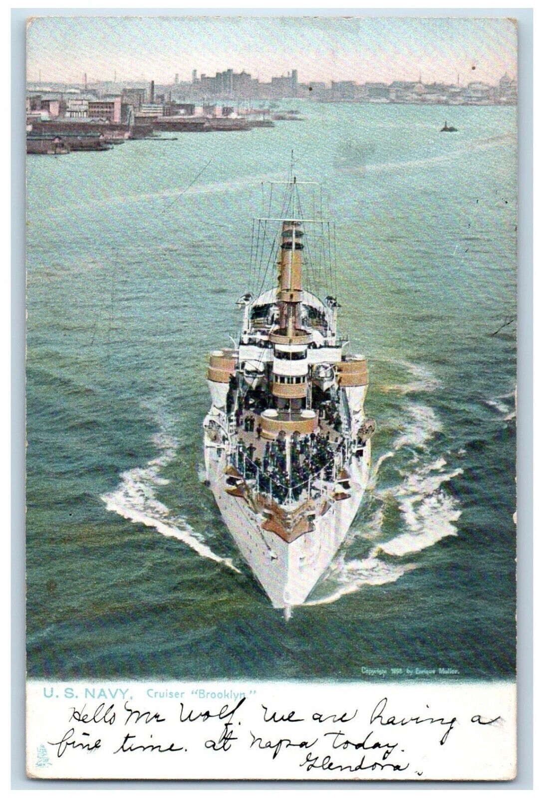 1908 U.S. Navy Cruiser Brooklyn Steamer Cruise Ship Tuck Sons Vintage Postcard