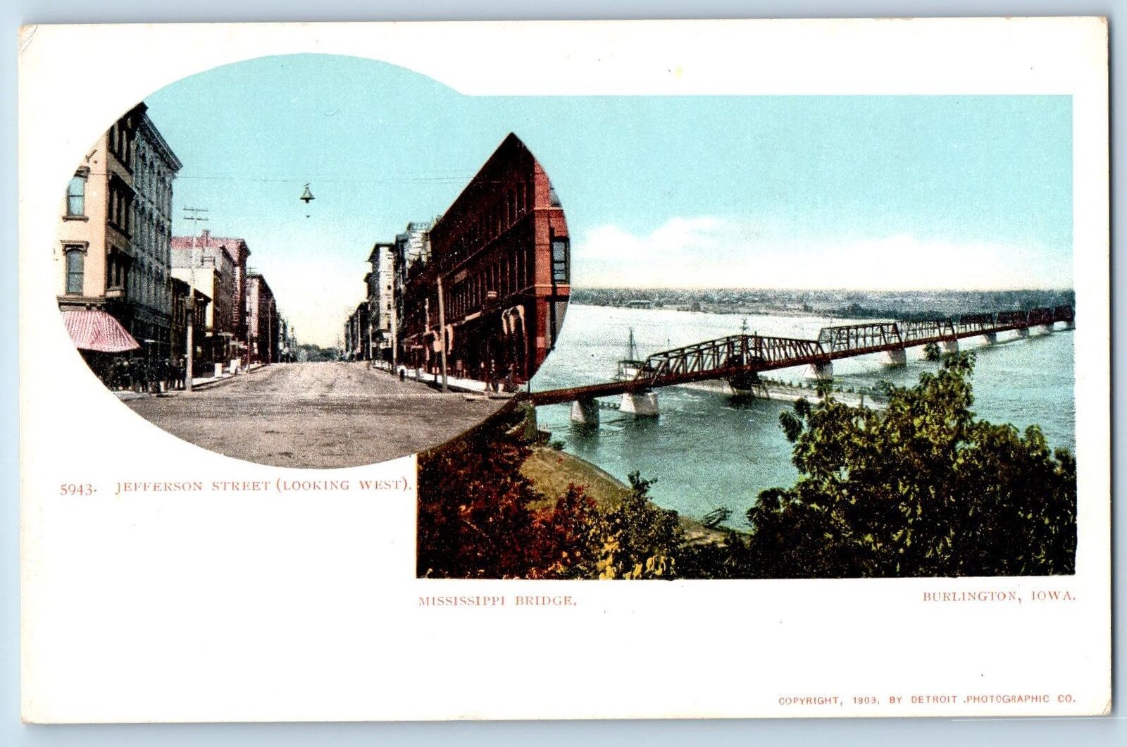 Burlington Iowa Postcard Jefferson Street Looking West Mississippi Bridge c1905s