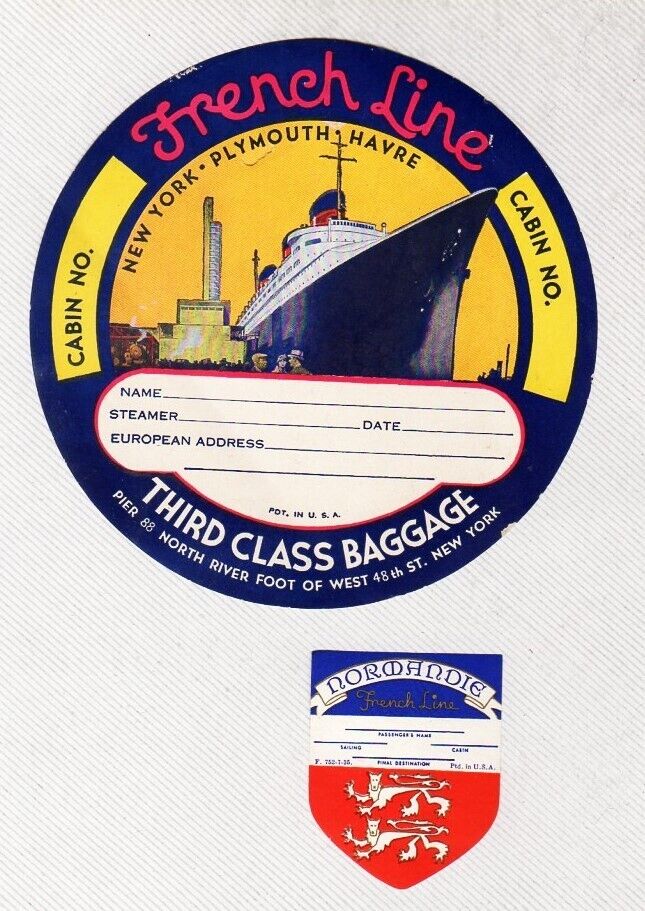 2 ss Normandie CGT French Line 1930\'s Original Luggage Labels