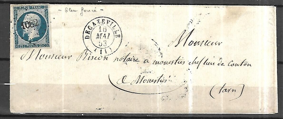 FRANCE cat yt n° 10 a letter of 16 05 1853 de Decazeville for Salles s Cerou