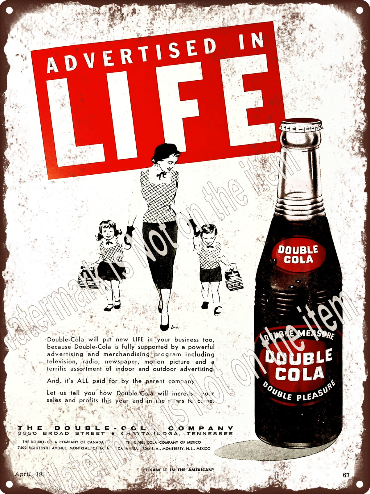 Double Cola Life Bottle Ad Soda Metal Sign 9x12\