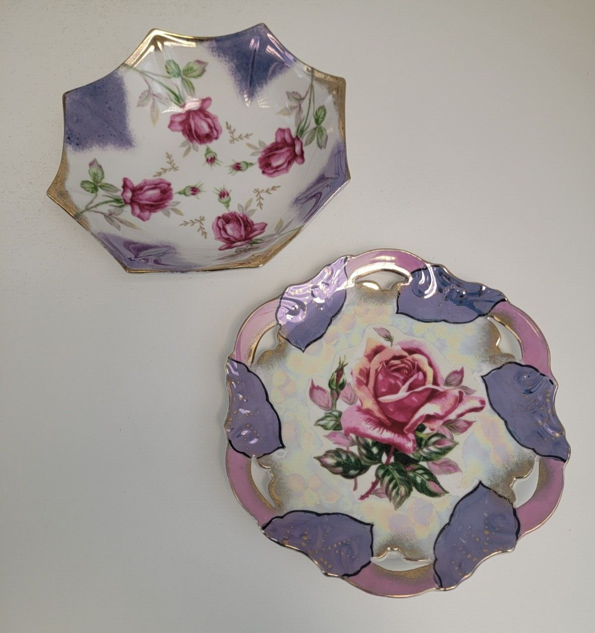 Vintage Trimont Ware Japanese Iridescent Octagon Porcelain Floral Bowl and Plate