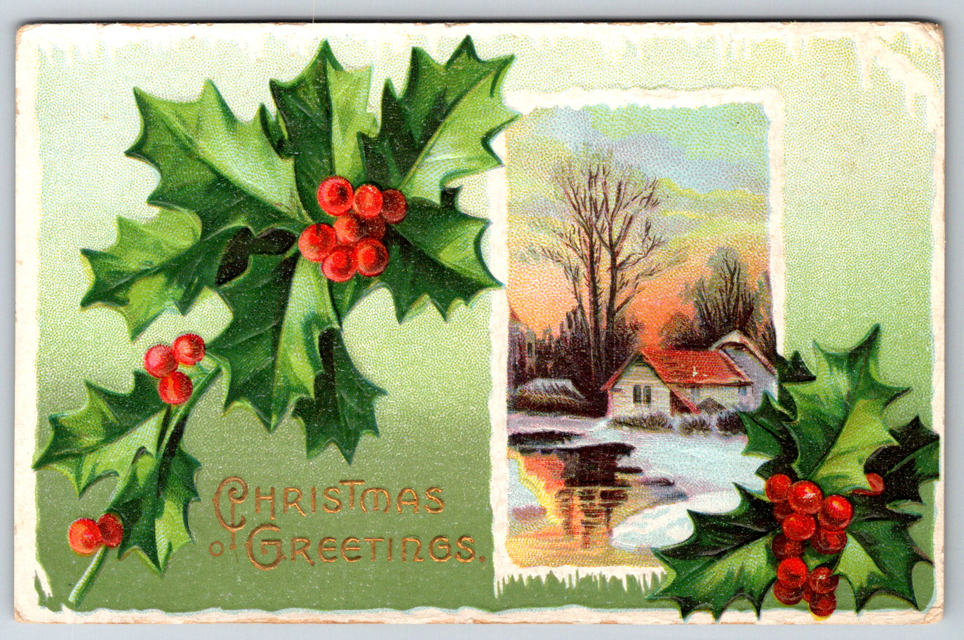 c1910s Christmas Greetings Mistletoe Decor Embossed Antique Postcard