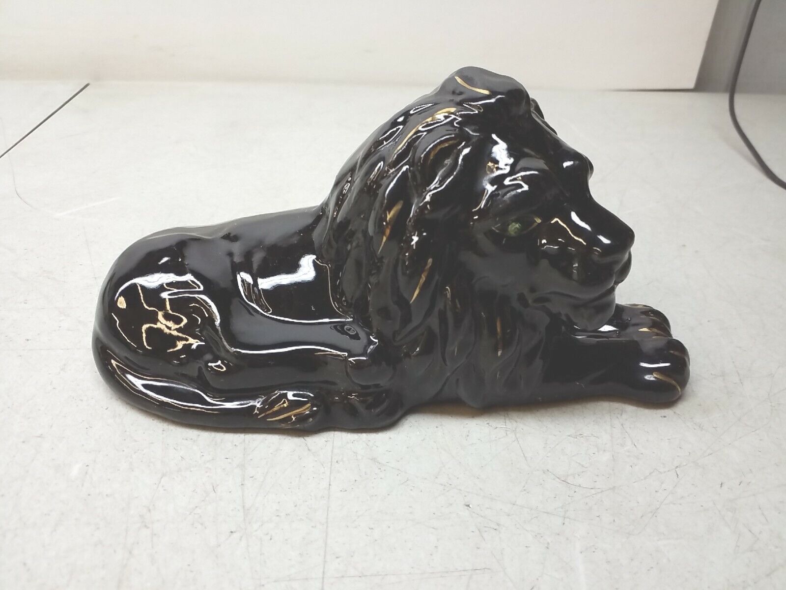 Red Ware Clay Art Pottery Black Lion Figurine With Green Jeweled Eyes Gorgeous