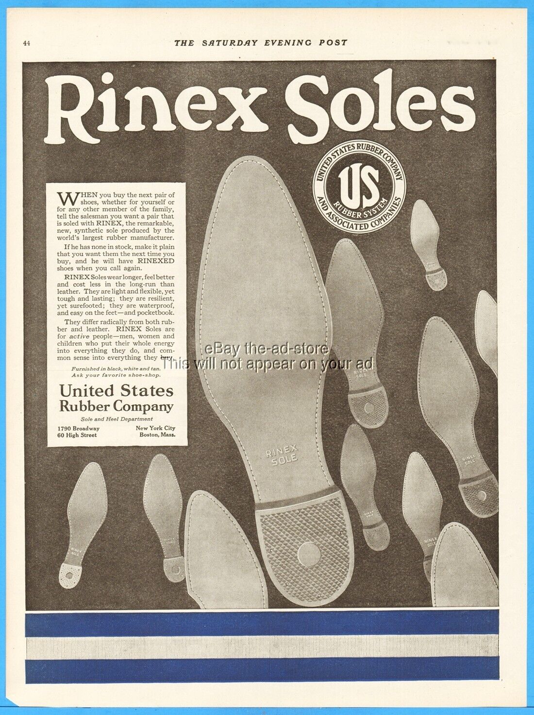 1916 United States Rubber Co Shoe Soles Heel 1790 Broadway New York City Ad