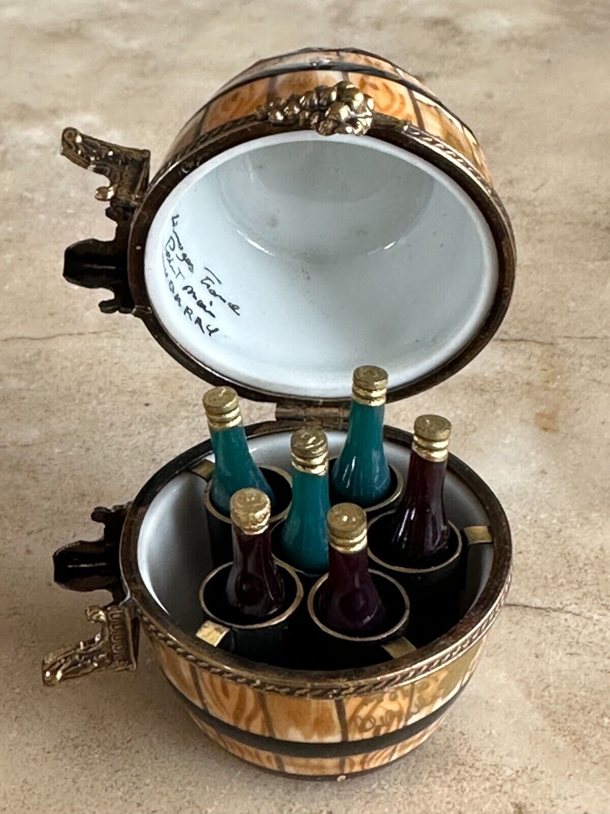 Limoges Trinket Box, Chateau Latour 1975 Wine Barrel w/ 6 Bottles Inside