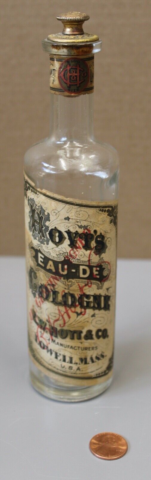 07/05.  Hoyt\'s Eau-De Cologne 5oz. Glass Bottle with Original Stopper and Label