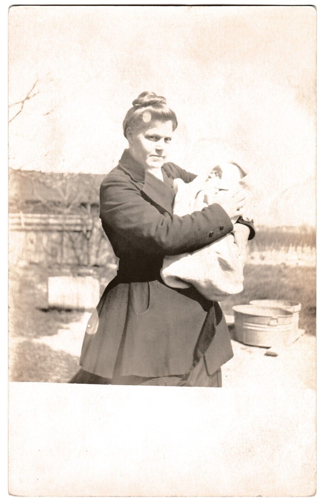 Rppc - Lady in Early Period Attire holding Swaddled Baby UNP Vtg AZO Real Photo