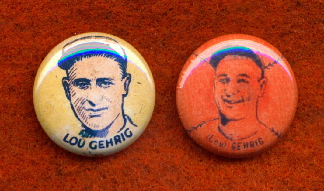 1933 1938 STYLE GEHRIG Lou (2) Adv RP PIN\'s  Button Cracker Jack Candy Tab